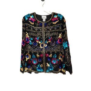 Vintage Sequin Floral Jacket M Black Colorful Retro Festive Holiday Chic Glam